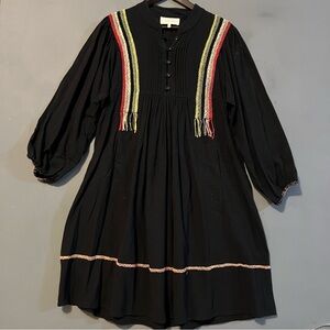 The Great. Adobe Embroidered Black Cotton Long Sleeve Dress Medium 2 Pleated